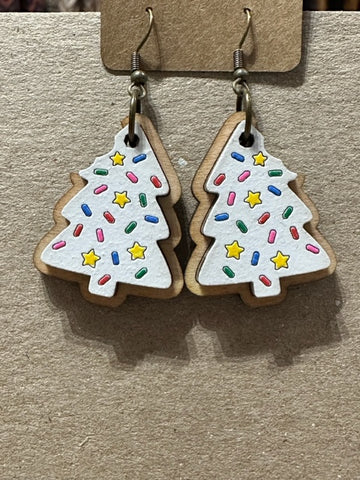 Wooden Christmas Tree Cookie Dangley Earrings