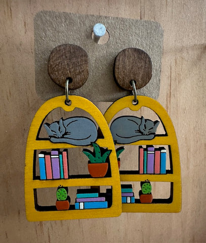 Wooden Library Cat Earring