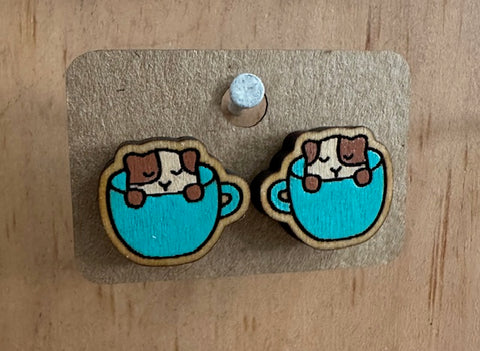 Wooden Cat Teacup Stud