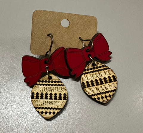 Wooden Bow and Ornament Dangle Earring