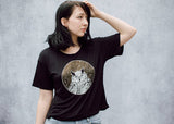 Shimmer Owl Open Neck Cropped Tee