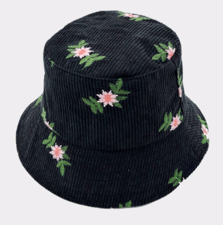 Embroidered Black Corduroy Bucket Hat