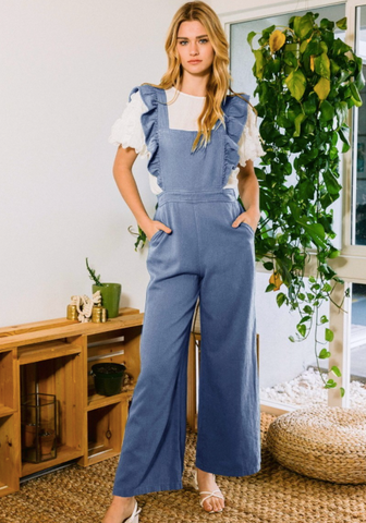 Ruffle Detail Wide Leg Overalls Light Wash Denim Heartbreak