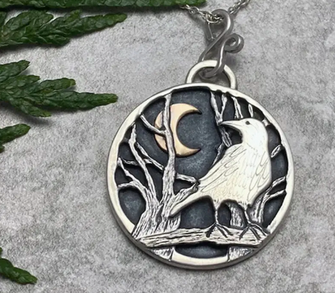 Vintage Style Crow & Moon Pendant Necklace