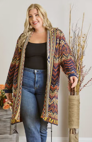 Long Navy Rust Mustard Chevron Cardigan