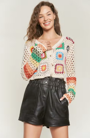 Brightly Coloured Cropped Crochet Cardigan