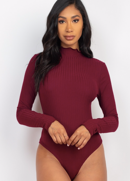 Ribbed Lettuce Edge Mock Neck Long Sleeve Bodysuit assorted