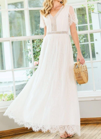 White Lace V-Neck Maxi Dress