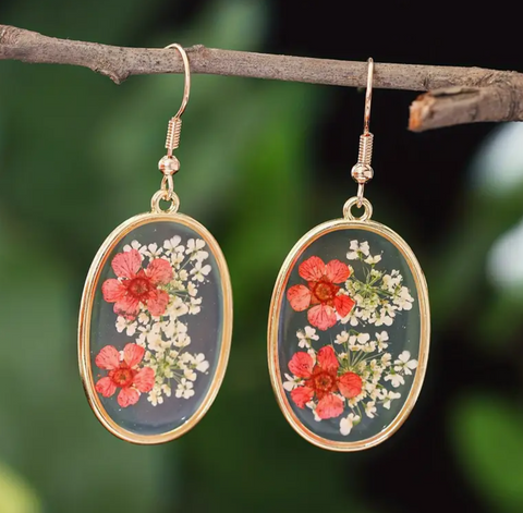 Oval Pink Pressed Flower Resin Earrings