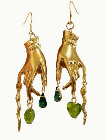 Gold Victorian Hand Snake Green Gem Dangle Earrings