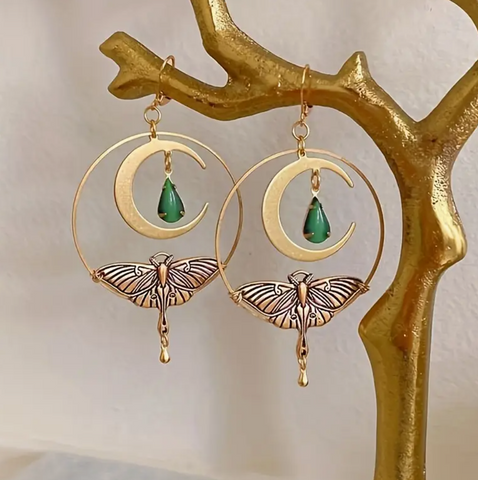 Golden Luna Moth Dangle Hoops