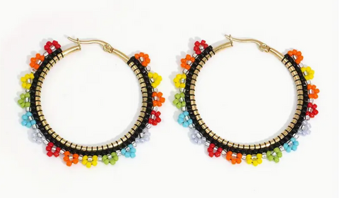 Beaded Rainbow Flower Hoops