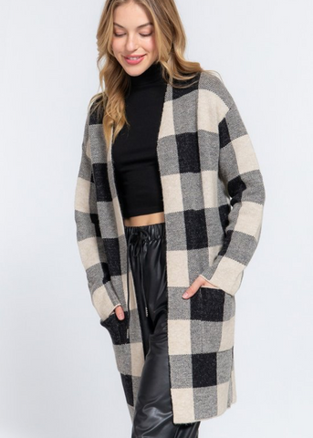 Long Plaid Open Front Cardigan Assorted Colours