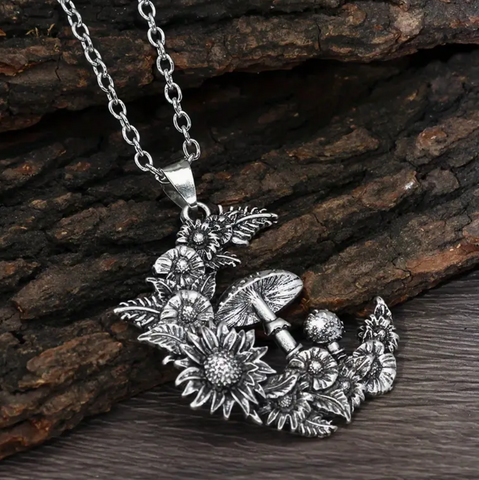 Floral Mushroom Moon Pendent Necklace