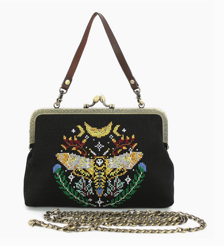 Death Moth Embroidered  Kiss Lock Purse - Black