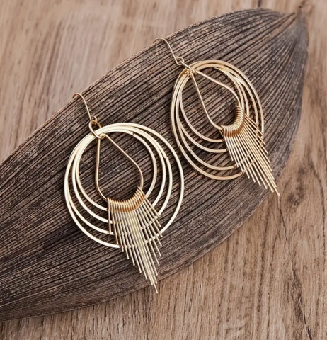 Water Drop Tassel Gold Finish Statement Earrings