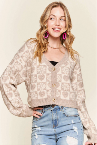 Oatmeal Heart & Floral Knit Cardigan