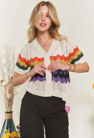 Short Sleeve Light Weight Rainbow Detail Cardigan