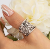 Wide Floral Band Adjustable Ring