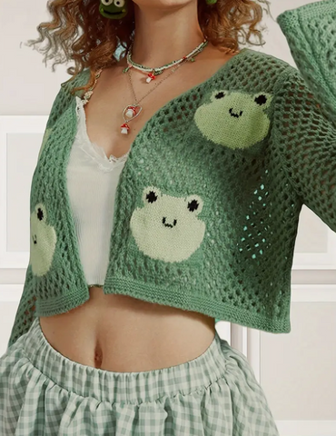 Frog Face Open Front Crochet Cardigan