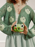 Frog Face Open Front Crochet Cardigan