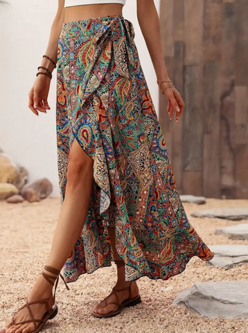 Vibrant Print Asymmetrical Maxi Wrap Skirt