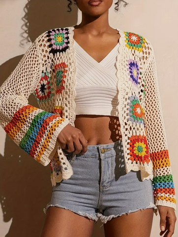 Colourful Floral Crochet Open Front Cardigan