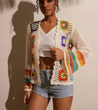 Colourful Floral Crochet Open Front Cardigan