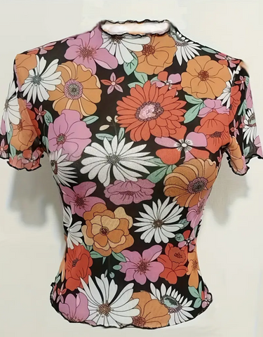 Retro Floral Mesh Crop Top