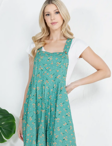 Floral Print Short Overalls - Green