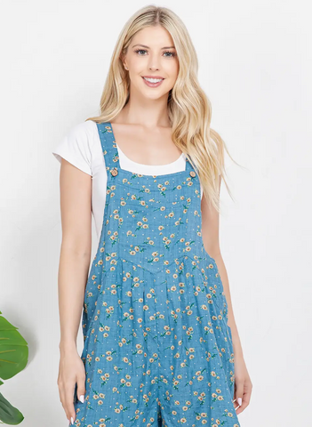 Floral Print Short Overalls - Blue