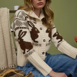 Bunny Jacquard Collared Button Down Knit Cardigan