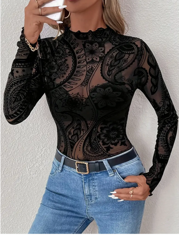Long Sleeve Mesh Top with Bold Velvety Paisley Print