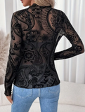 Long Sleeve Mesh Top with Bold Velvety Paisley Print