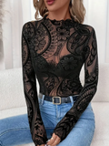 Long Sleeve Mesh Top with Bold Velvety Paisley Print