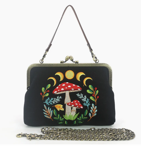 Moon Phase Mushroom Kiss Lock Purse - Black