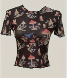 Mesh Mushroom Print Cropped Top