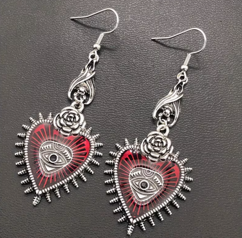 Gothic Bat Sacred Heart Dangle Earrings