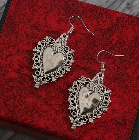 Silver Sacred Heart Dangle Earrings