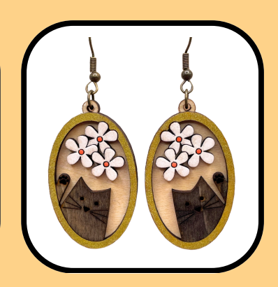 Wooden Floral Kitty Dangle Earrings