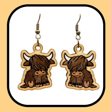 Wooden Highland Cow Dangle Earrings