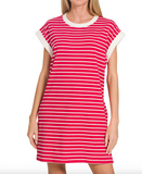 Striped Contrast Trim Rib Banded T-shirt Dress - Assorted Colours