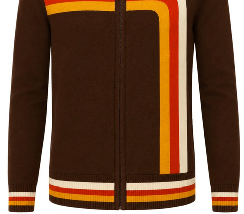 Men's Retro Brown 70's Inspired Street Stripes Zip Up Cardigan