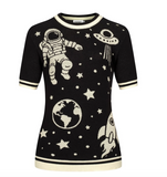 Black Space Astronaut Planet Vintage Knit T-Shirt