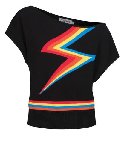 Black Vintage Knit Rainbow Lightning Bolt Off Shoulder Top