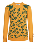 Women's Vintage Mustard Yellow Folk Art Floral Bird Jacquard Knit Sweater