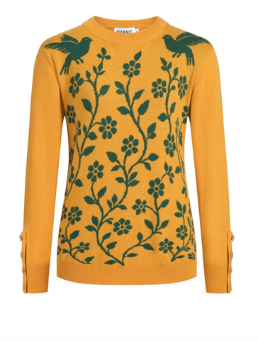 Women's Vintage Mustard Yellow Folk Art Floral Bird Jacquard Knit Sweater
