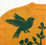 Women's Vintage Mustard Yellow Folk Art Floral Bird Jacquard Knit Sweater
