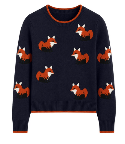 Women's Vintage Dark Blue Fox Jacquard Knit Sweater