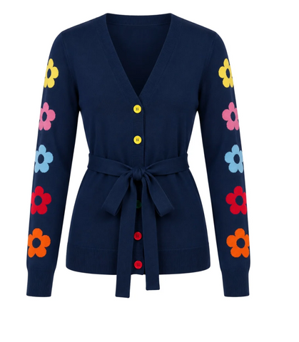Women's Vintage Navy Floral 70's Button Up Knit Cardigan
